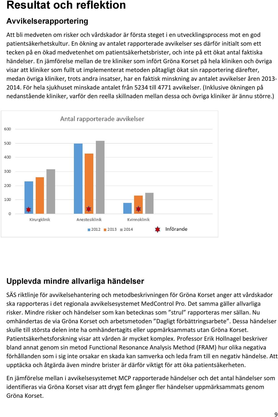 En jämförelse mellan de tre kliniker som infört Gröna Korset på hela kliniken och övriga visar att kliniker som fullt ut implementerat metoden påtagligt ökat sin rapportering därefter, medan övriga