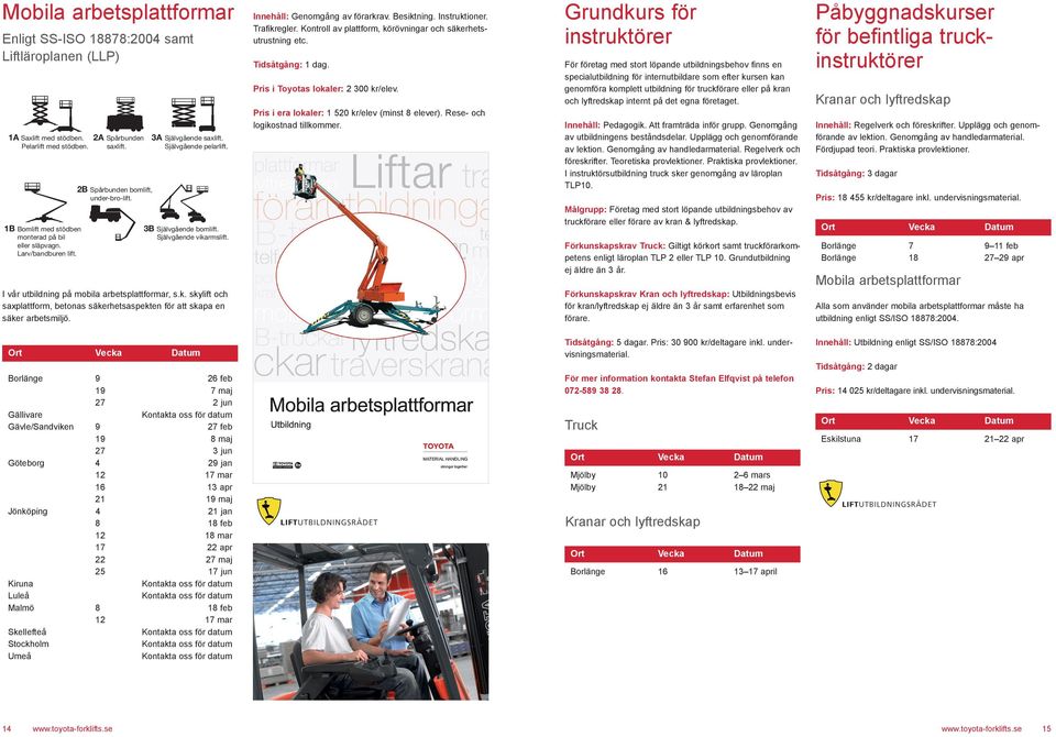 Kontroll av plattform, körövningar och säkerhetsutrustning etc. Tidsåtgång: 1 dag. 3A Självgående saxlift. 1B Bomlift med stödben Självgående pelarlift. monterad på bil eller släpvagn.