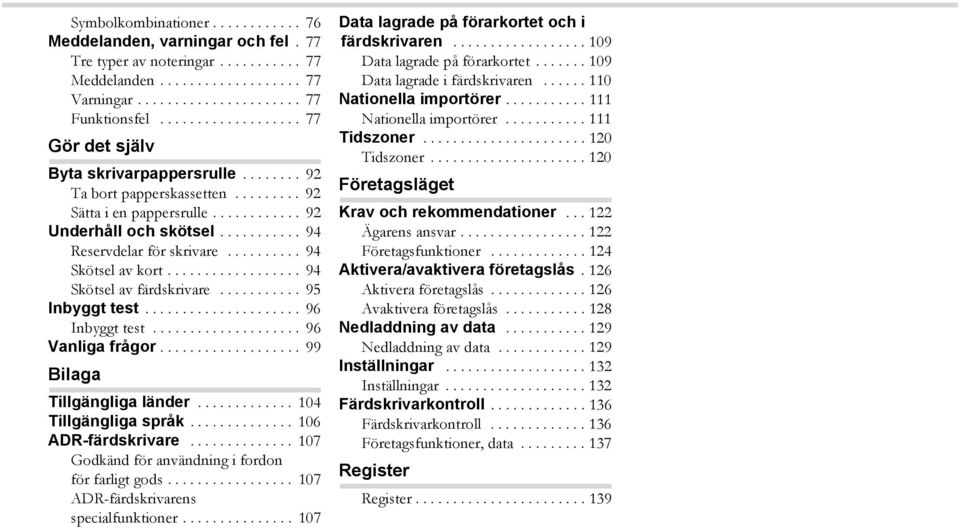 ......... 94 Skötsel av kort.................. 94 Skötsel av färdskrivare........... 95 Inbyggt test..................... 96 Inbyggt test.................... 96 Vanliga frågor.