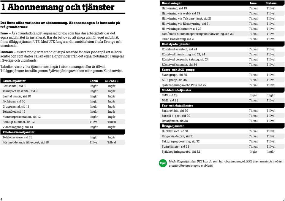 Har du behov av att ringa utanför eget mobilnät, finns tilläggstjänsten UTE. Med UTE fungerar din mobiltelefon i hela Sverige och utomlands.