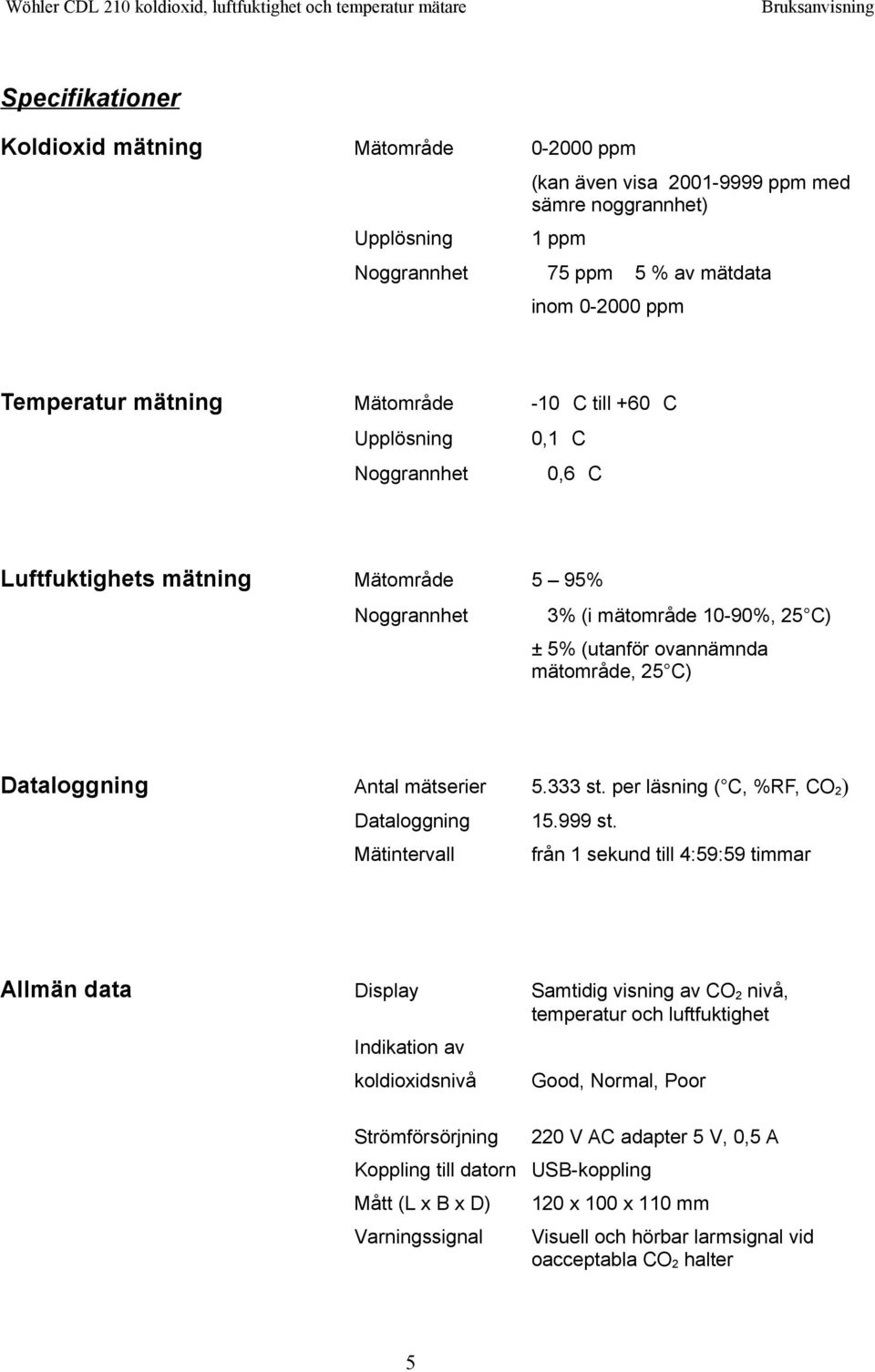 Antal mätserier 5.333 st. per läsning ( C, %RF, CO 2 ) Dataloggning 15.999 st.