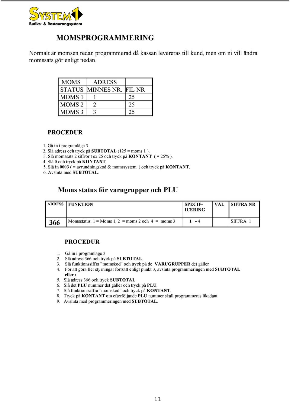 Slå 0 oh tryk på KONTANT. 5. Slå in 0003 ( = avrundningskod & momssystem ) oh tryk på KONTANT. 6. Avsluta med SUBTOTAL.