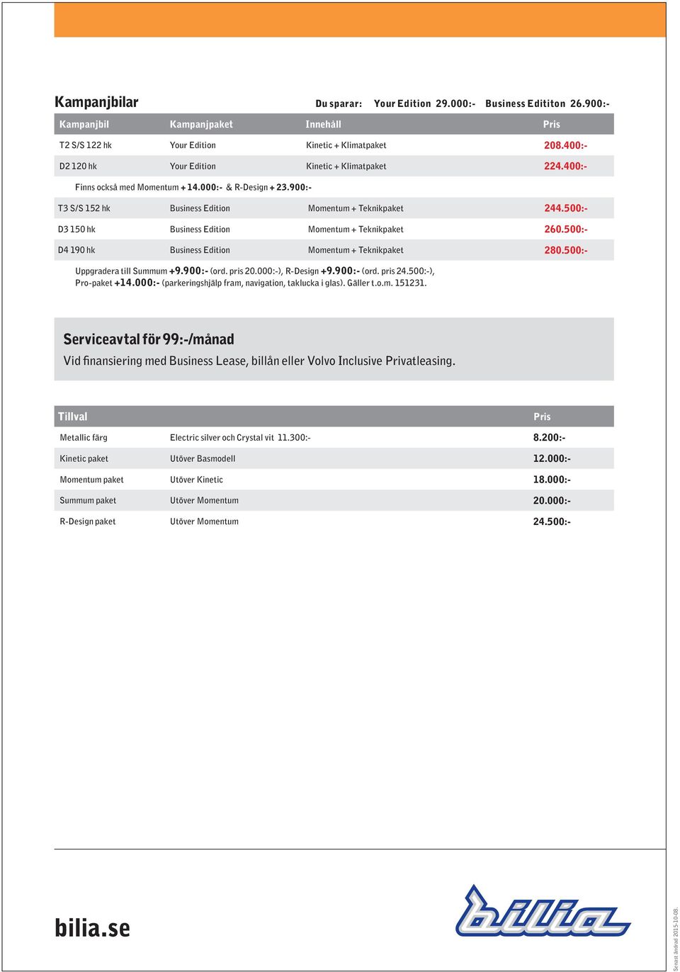 500:- D3 150 hk Business Edition Momentum + Teknikpaket 260.500:- D4 190 hk Business Edition Momentum + Teknikpaket 280.500:- Uppgradera till Summum +9.900:- (ord. pris 20.000:-), R-Design +9.