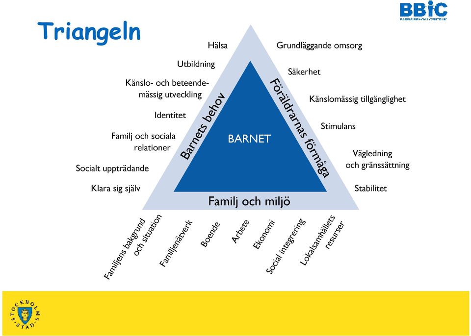 Känslomässig tillgänglighet Stimulans Vägledning och gränssättning Klara sig själv Familj och miljö