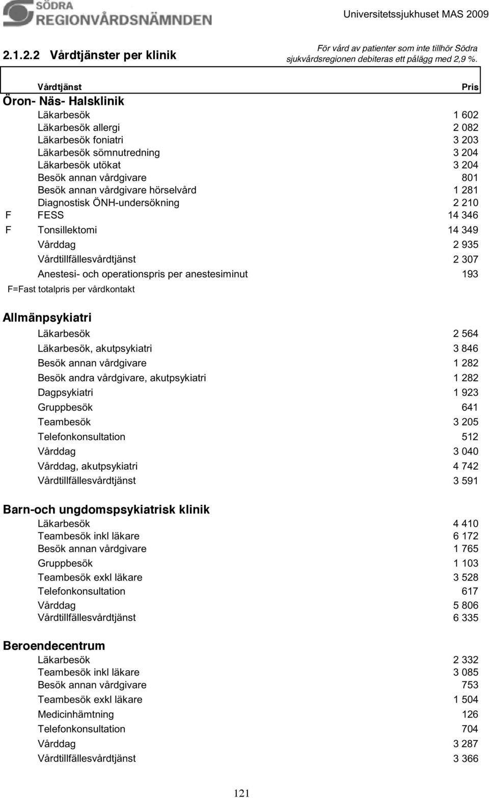 Vårddag 2 935 Vårdtillfällesvårdtjänst 2 307 Anestesi- och operationspris per anestesiminut 193 F=Fast totalpris per vårdkontakt Allmänpsykiatri Läkarbesök 2 564 Läkarbesök, akutpsykiatri 3 846 Besök