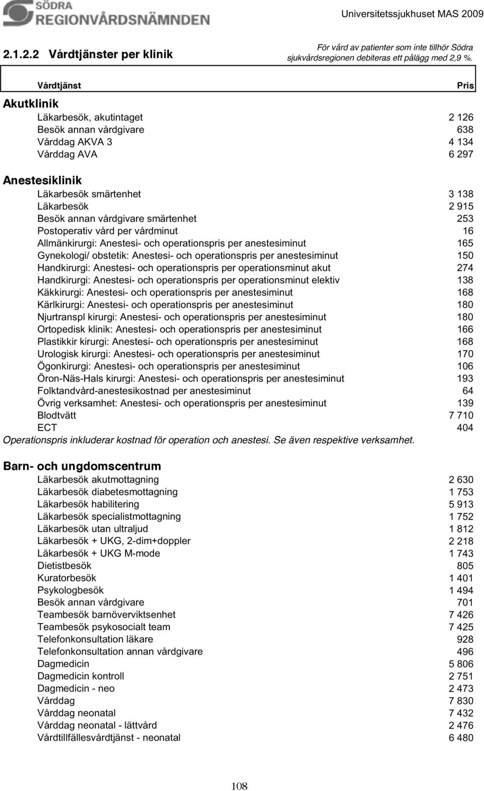 anestesiminut 165 Gynekologi/ obstetik: Anestesi- och operationspris per anestesiminut 150 Handkirurgi: Anestesi- och operationspris per operationsminut akut 274 Handkirurgi: Anestesi- och