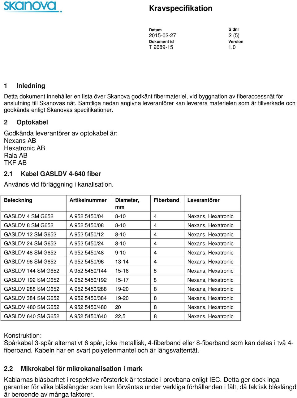 2 Optokabel Godkända leverantörer av optokabel är: Nexans AB Hexatronic AB Rala AB TKF AB 2.1 Kabel GASLDV 4-640 fiber Används vid förläggning i kanalisation.