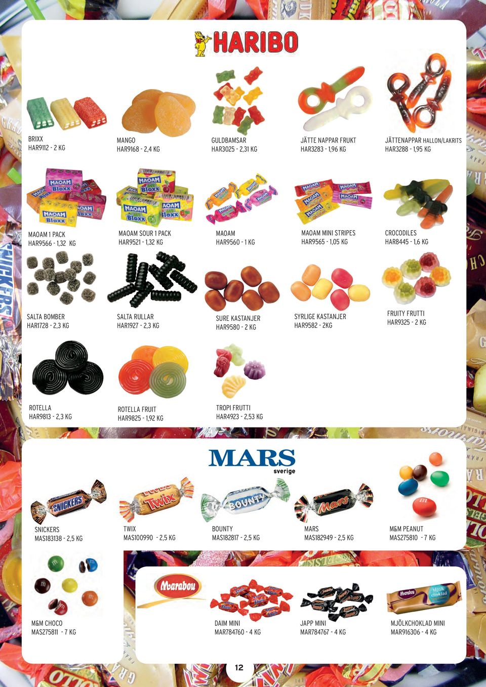 KG ROTELLA HAR9813-2,3 KG ROTELLA FRUIT HAR9825-1,92 KG TROPI FRUTTI HAR4923-2,53 KG SNICKERS MAS183138-2,5 KG M&M CHOCO MAS275811-7 KG TWIX MAS100990-2,5 KG BOUNTY MAS182817-2,5 KG