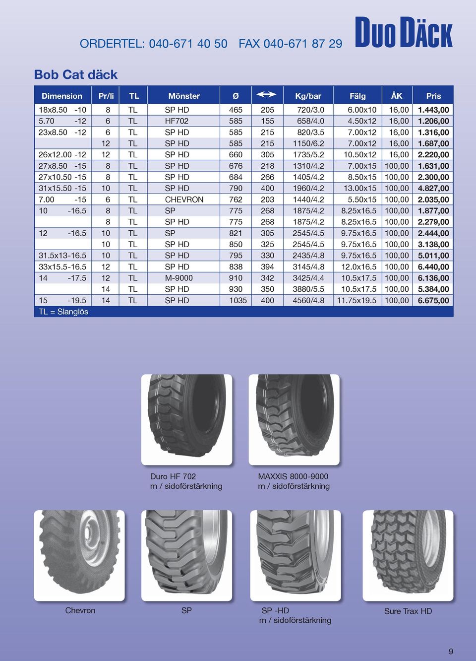 00-12 12 TL SP HD 660 305 1735/5.2 10.50x12 16,00 2.220,00 27x8.50-15 8 TL SP HD 676 218 1310/4.2 7.00x15 100,00 1.631,00 27x10.50-15 8 TL SP HD 684 266 1405/4.2 8.50x15 100,00 2.300,00 31x15.