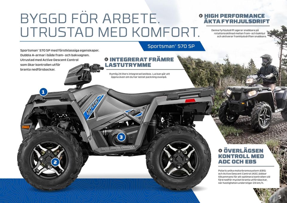 Sportsman 570 SP med förstklassiga egenskaper. Dubbla A-armar i både fram- och bakvagnen. Utrustad med Active Descent Control som ökar kontrollen utför branta nedförsbackar.