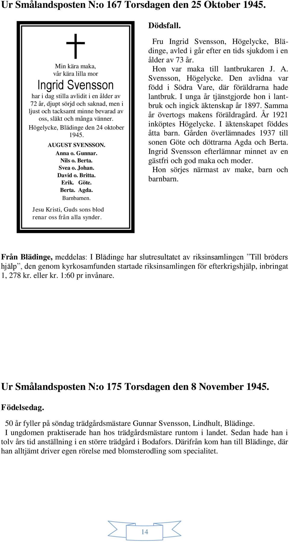 Högelycke, Blädinge den 24 oktober 1945. AUGUST SVENSSON. Anna o. Gunnar. Nils o. Berta. Svea o. Johan. David o. Britta. Erik. Göte. Berta. Agda. Barnbarnen.