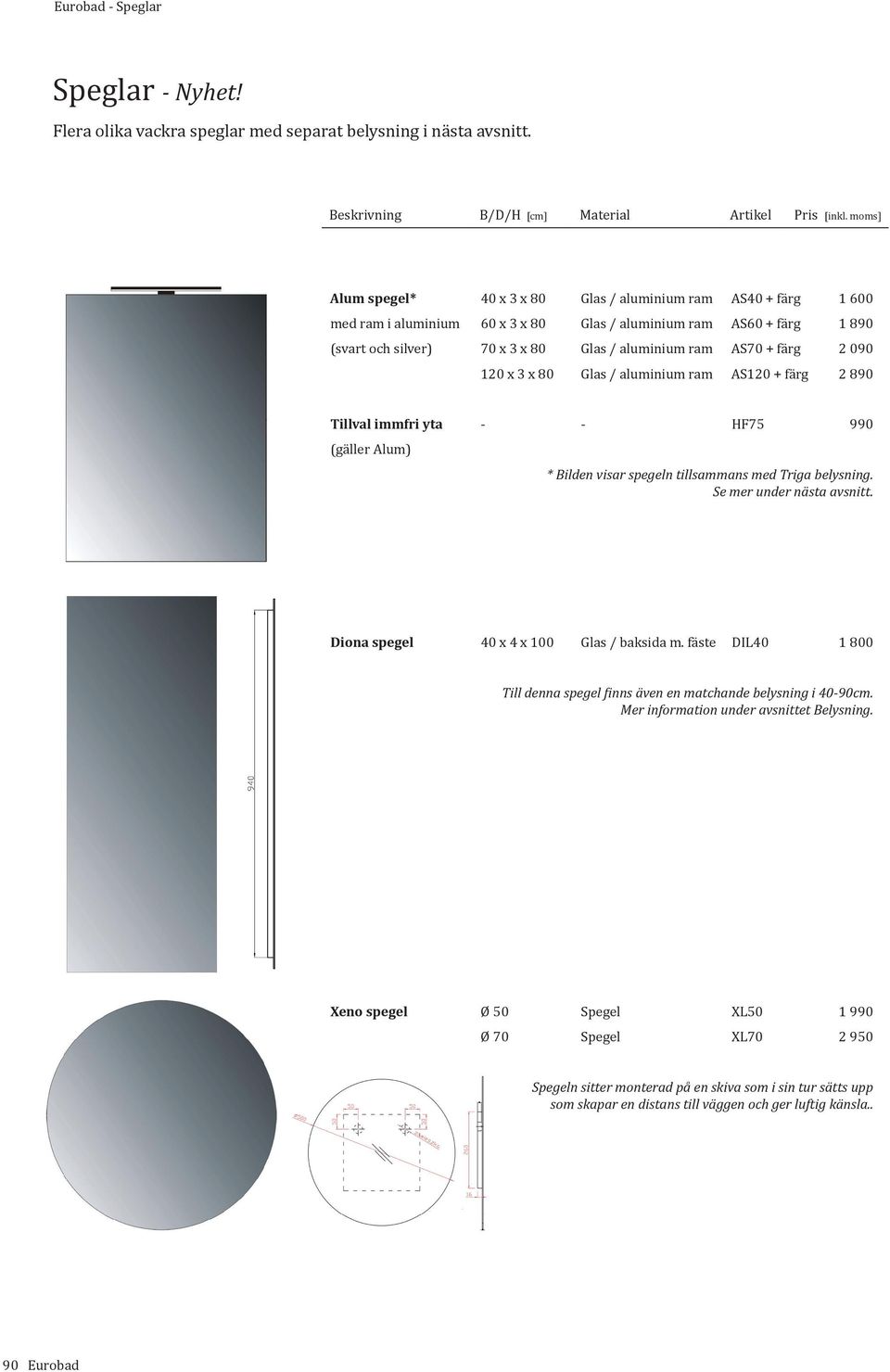 färg 2 090 120 x 3 x 80 Glas / aluminium ram AS120 + färg 2 890 Tillval immfri yta - - HF75 990 (gäller Alum) * Bilden visar spegeln tillsammans med Triga belysning. Se mer under nästa avsnitt.