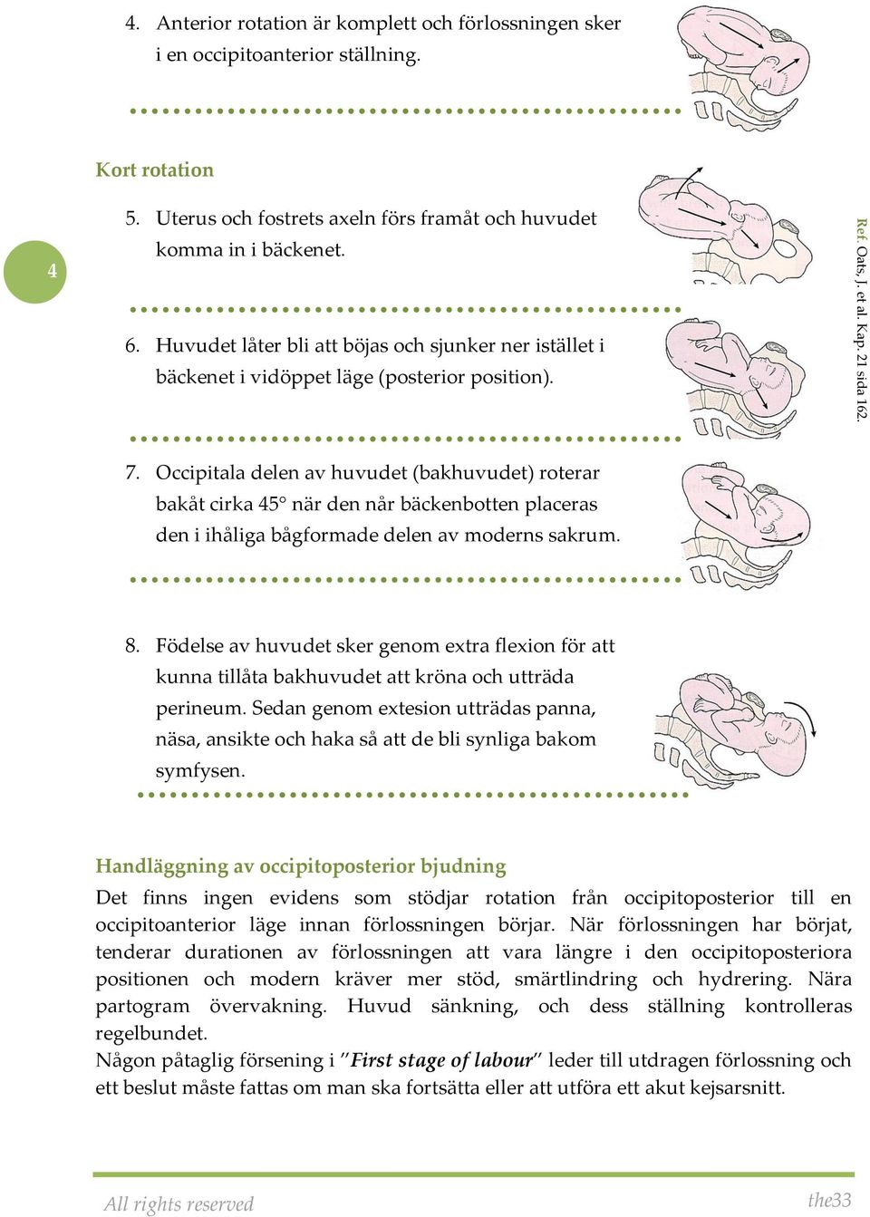 Occipitala delen av huvudet (bakhuvudet) roterar bakåt cirka 45 när den når bäckenbotten placeras den i ihåliga bågformade delen av moderns sakrum. 8.