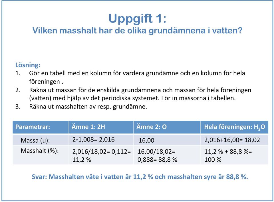 Räkna ut massan för de enskilda grundämnena och massan för hela föreningen (va+en) med hjälp av det periodiska systemet. För in massorna i tabellen. 3.