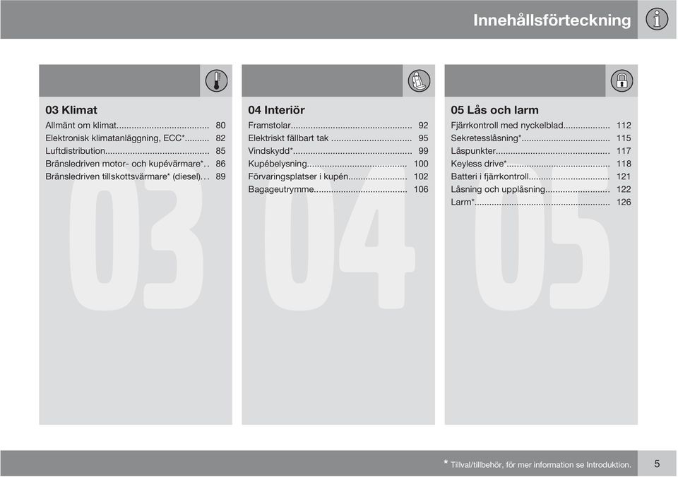 .. 95 Vindskydd*... 99 Kupébelysning... 100 Förvaringsplatser i kupén... 102 Bagageutrymme... 106 05 Lås och larm 05 Fjärrkontroll med nyckelblad.