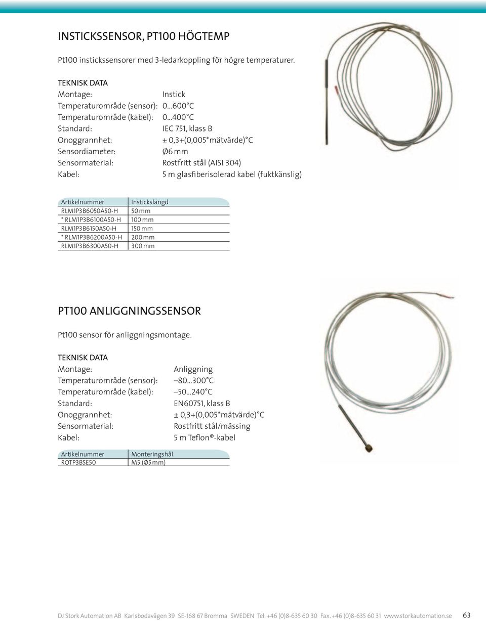 Kabel: 5 m glasfiberisolerad kabel (fuktkänslig) slängd RLM1P3B6050A50-H 50 mm * RLM1P3B6100A50-H 100 mm RLM1P3B6150A50-H 150 mm * RLM1P3B6200A50-H 200 mm RLM1P3B6300A50-H 300 mm Pt100