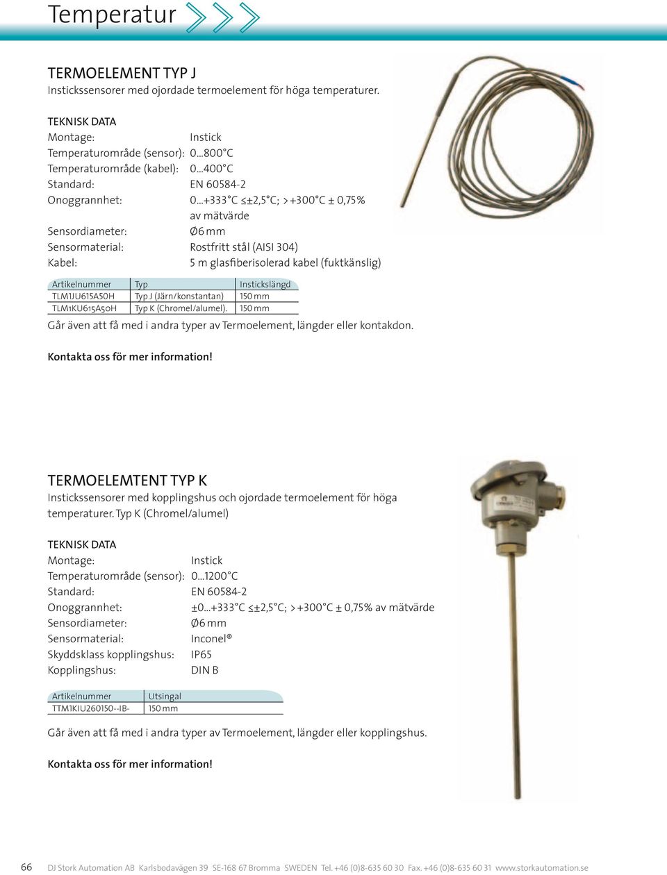 304) Kabel: 5 m glasfiberisolerad kabel (fuktkänslig) Typ slängd TLM1JU615A50H Typ J (Järn/konstantan) 150 mm TLM1KU615A50H Typ K (Chromel/alumel).