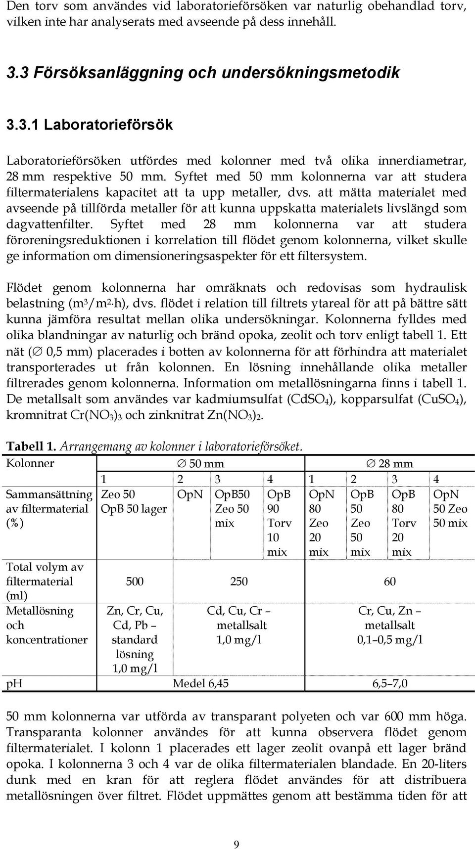 Syftet med 50 mm kolonnerna var att studera filtermaterialens kapacitet att ta upp metaller, dvs.