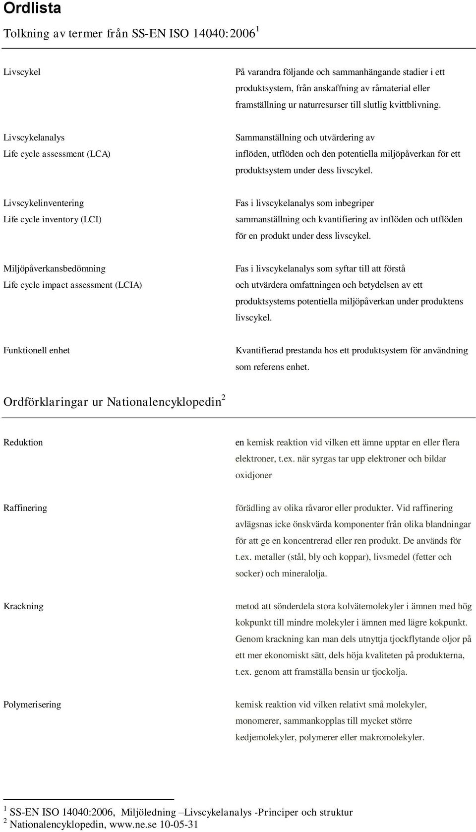 Livscykelanalys Life cycle assessment (LCA) Sammanställning och utvärdering av inflöden, utflöden och den potentiella miljöpåverkan för ett produktsystem under dess livscykel.