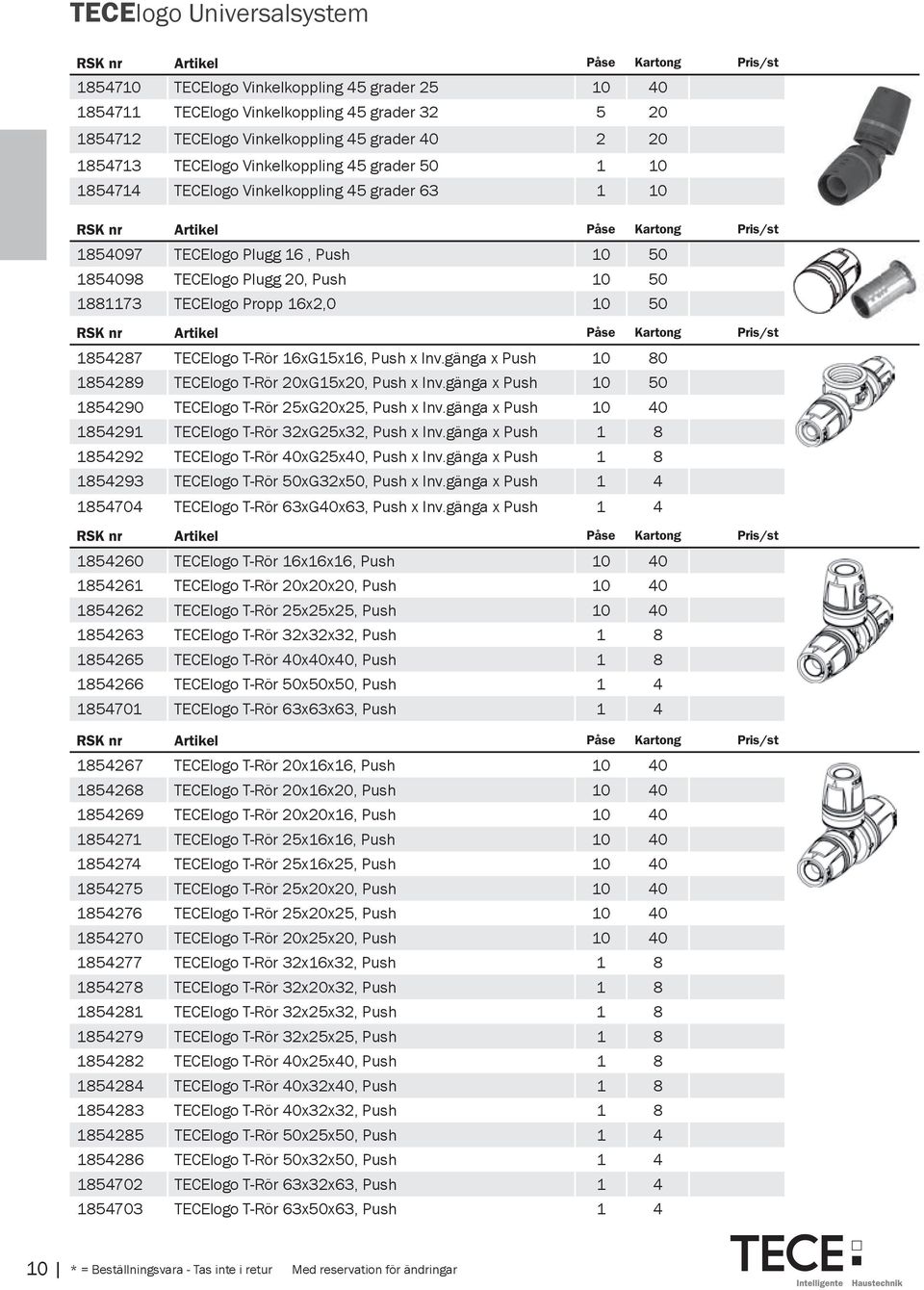 TECElogo Plugg 20, Push 10 50 1881173 TECElogo Propp 16x2,0 10 50 RSK nr Artikel Påse Kartong Pris/st 1854287 TECElogo T-Rör 16xG15x16, Push x Inv.