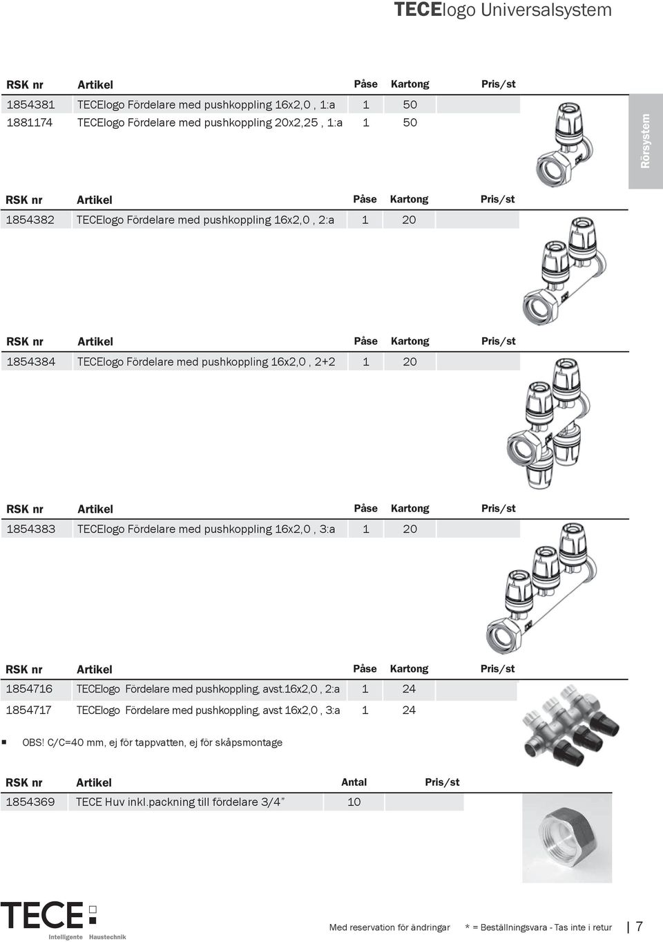 Artikel Påse Kartong Pris/st 1854383 TECElogo Fördelare med pushkoppling 16x2,0, 3:a 1 20 RSK nr Artikel Påse Kartong Pris/st 1854716 TECElogo Fördelare med pushkoppling, avst.