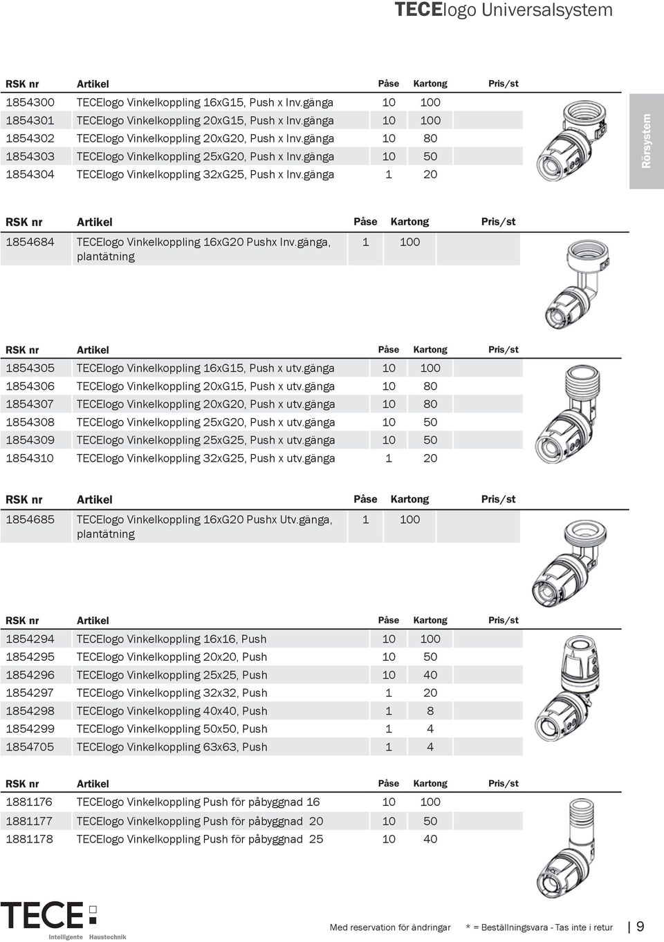 gänga 1 20 Rörsystem RSK nr Artikel Påse Kartong Pris/st 1854684 TECElogo Vinkelkoppling 16xG20 Pushx Inv.
