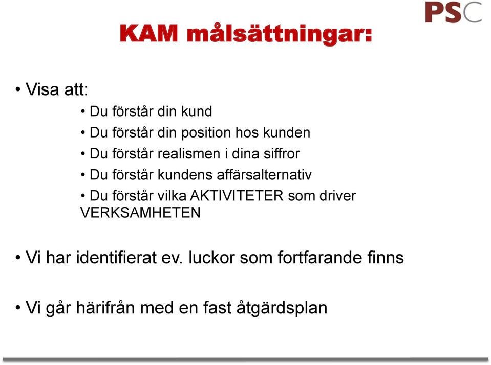 affärsalternativ Du förstår vilka AKTIVITETER som driver VERKSAMHETEN Vi