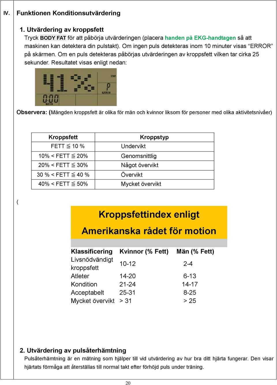 Resultatet visas enligt nedan: Observera: (Mängden kroppsfett är olika för män och kvinnor liksom för personer med olika aktivitetsnivåer) Kroppsfett Kroppstyp FETT 10 % Undervikt 10% < FETT 20%