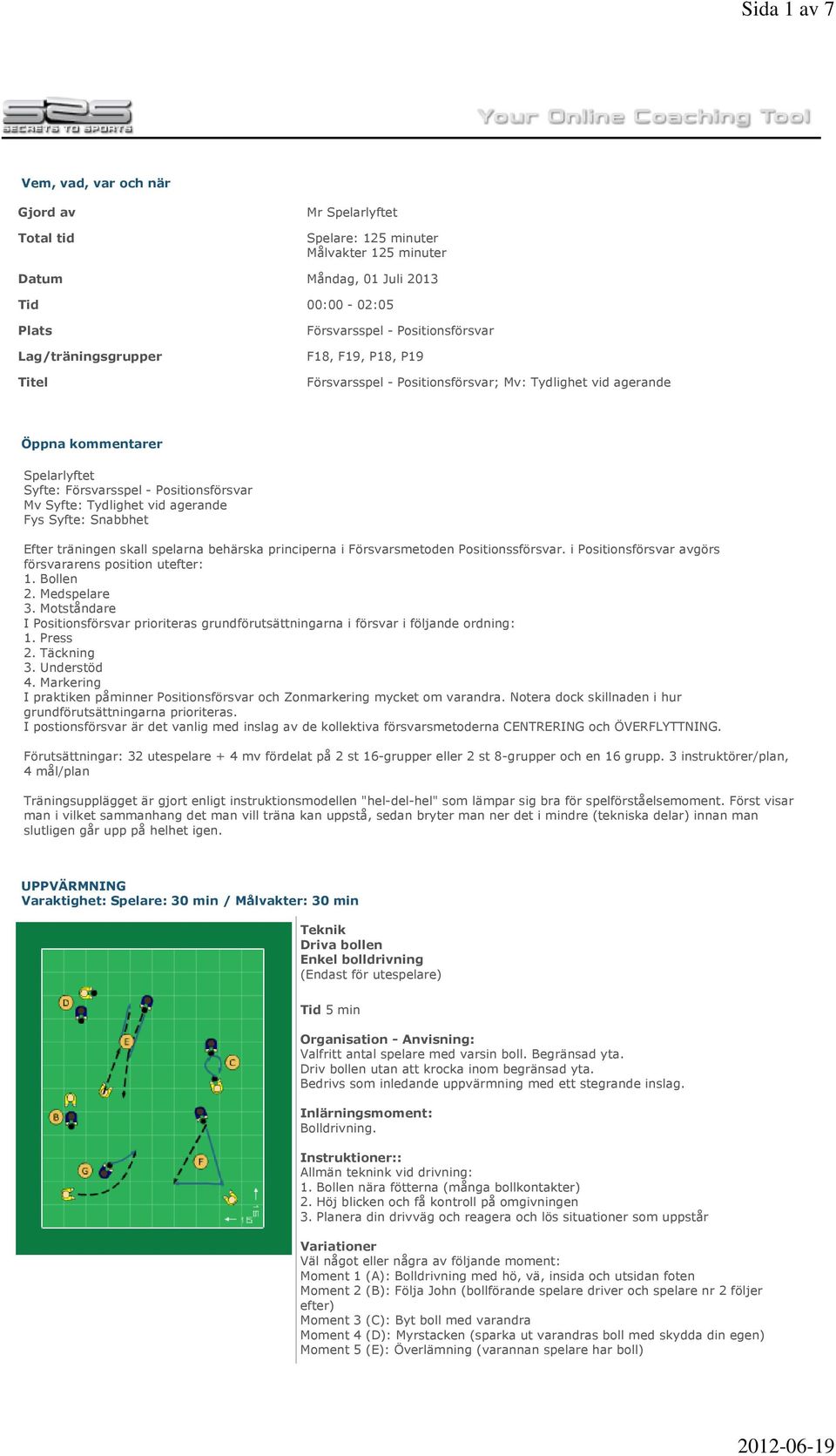 träningen skall spelarna behärska principerna i Försvarsmetoden Positionssförsvar. i Positionsförsvar avgörs försvararens position utefter: 1. Bollen 2. Medspelare 3.