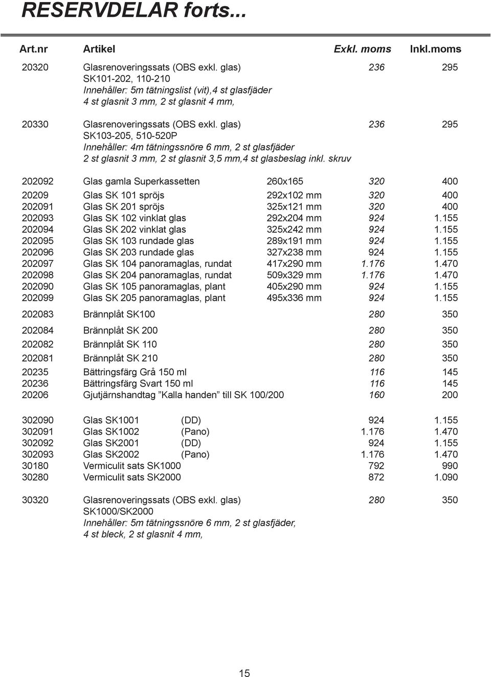 glas) 236 295 SK103-205, 510-520P Innehåller: 4m tätningssnöre 6 mm, 2 st glasfjäder 2 st glasnit 3 mm, 2 st glasnit 3,5 mm,4 st glasbeslag inkl.