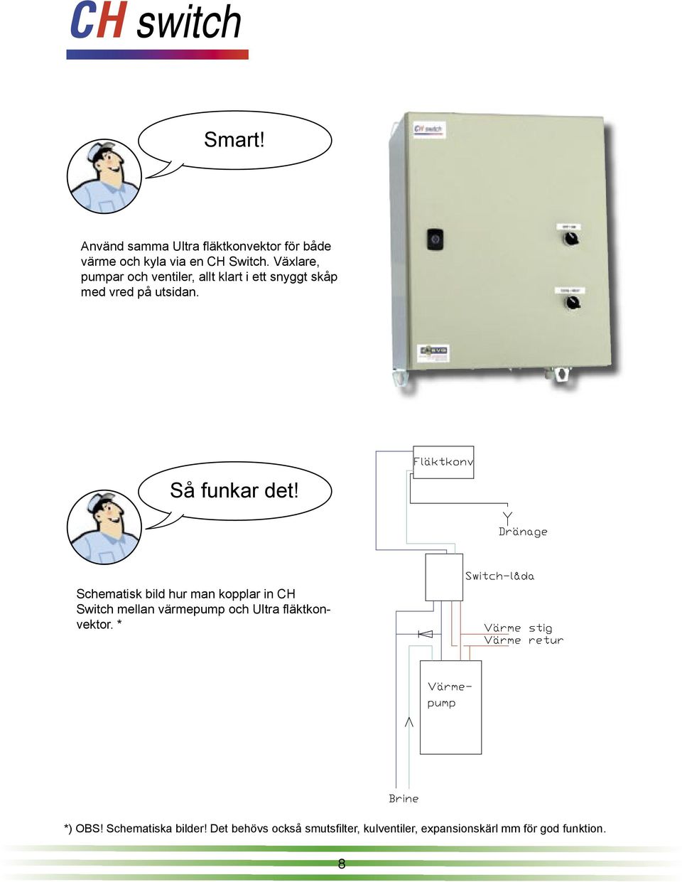 Schematisk bild hur man kopplar in CH Switch mellan värmepump och Ultra fläktkonvektor. * *) OBS!