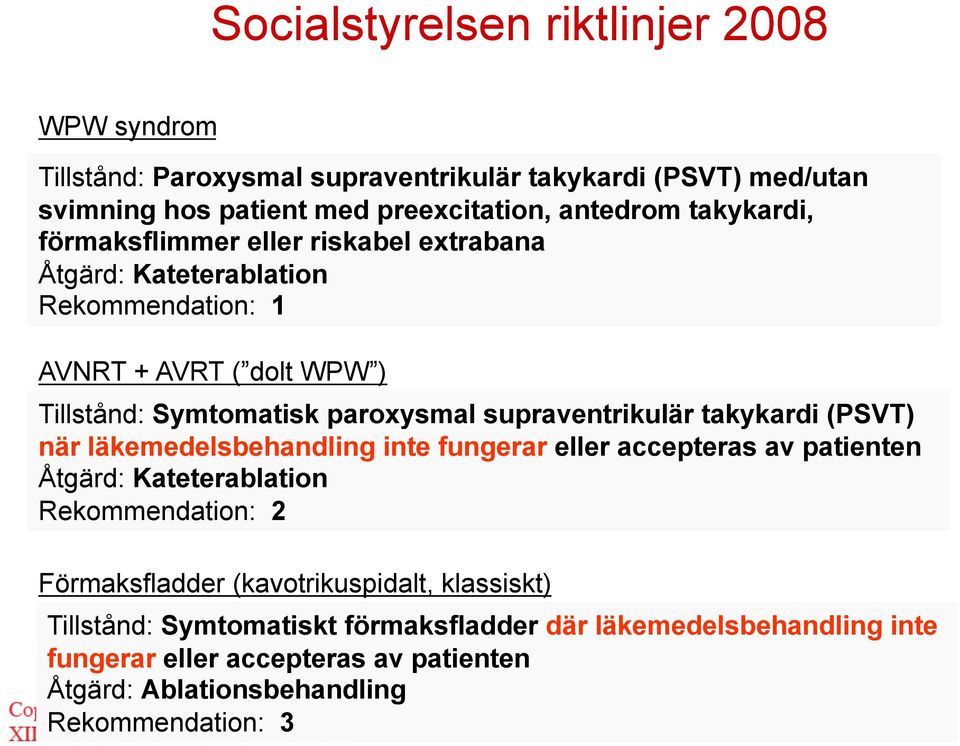 supraventrikulär takykardi (PSVT) när läkemedelsbehandling inte fungerar eller accepteras av patienten Åtgärd: Kateterablation Rekommendation: 2 Förmaksfladder