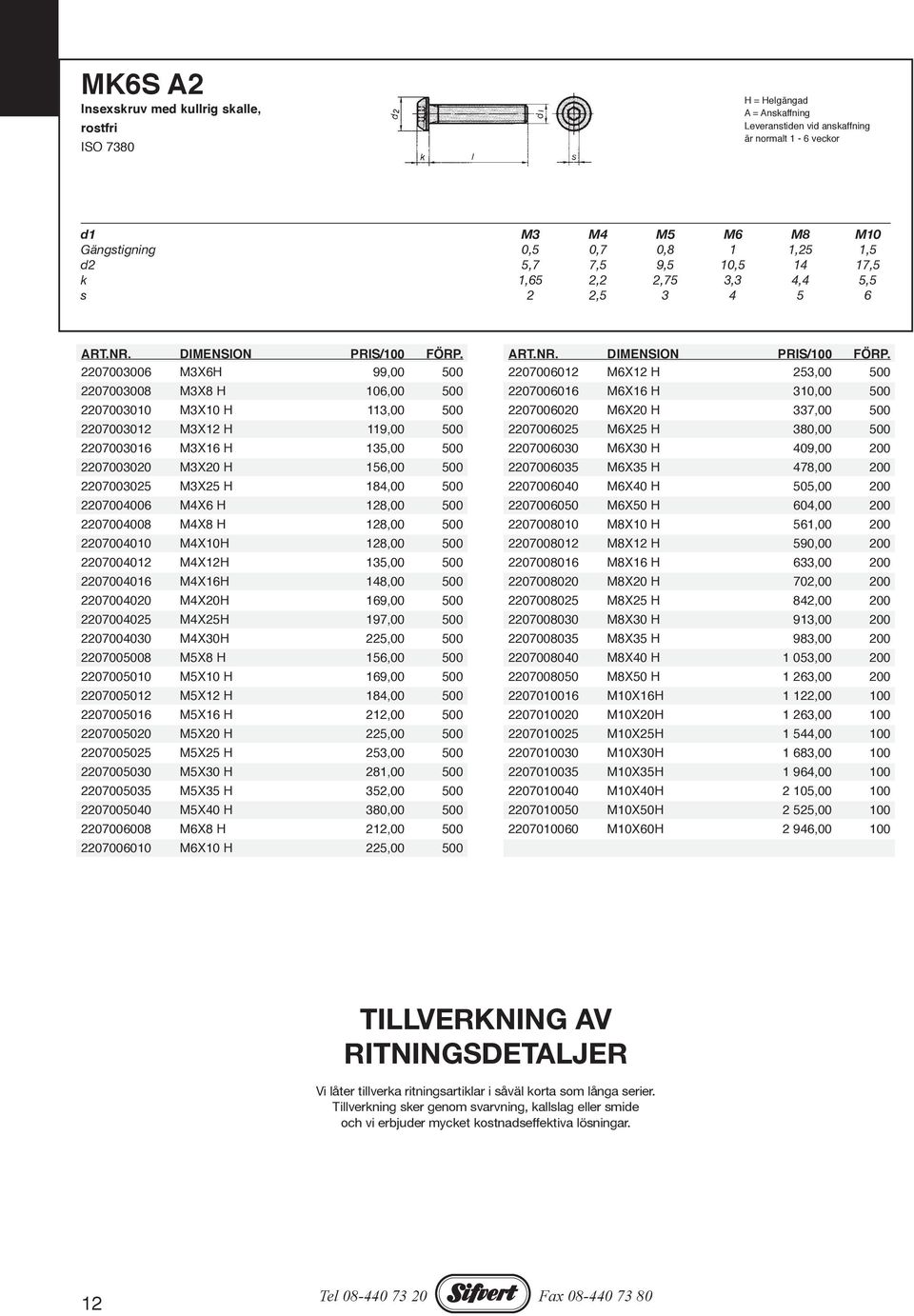 2207003006 M3X6H 99,00 500 2207003008 M3X8 H 106,00 500 2207003010 M3X10 H 113,00 500 2207003012 M3X12 H 119,00 500 2207003016 M3X16 H 135,00 500 2207003020 M3X20 H 156,00 500 2207003025 M3X25 H