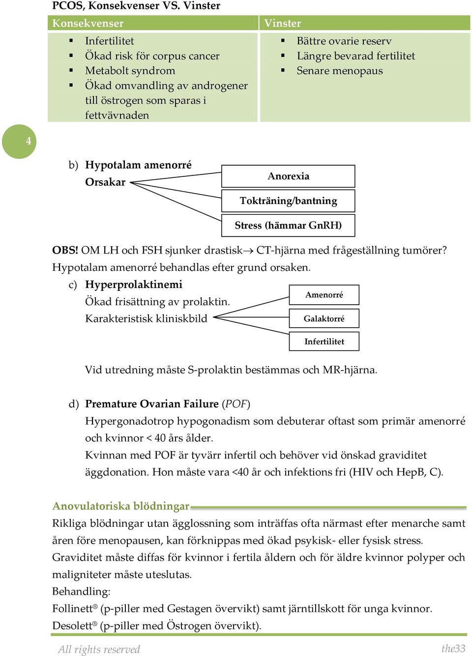 fertilitet Senare menopaus 4 b) Hypotalam amenorré Orsakar Anorexia Tokträning/bantning Stress (hämmar GnRH) OBS! OM LH och FSH sjunker drastisk CT-hjärna med frågeställning tumörer?