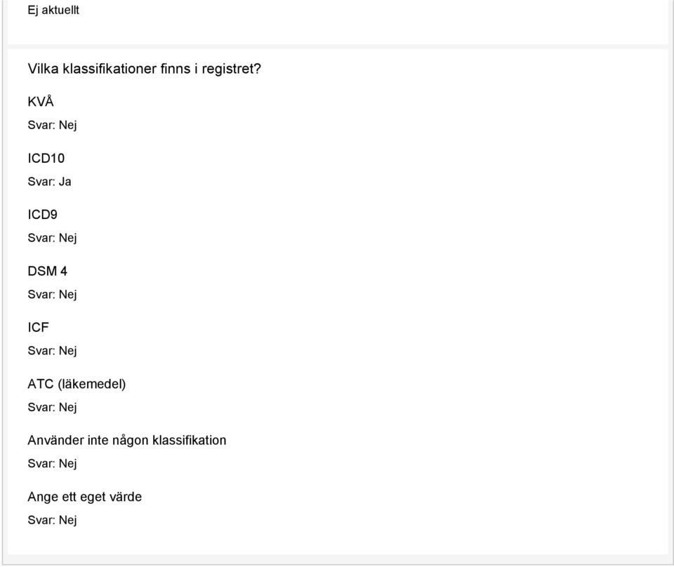 KVÅ ICD10 Svar: Ja ICD9 DSM 4 ICF ATC