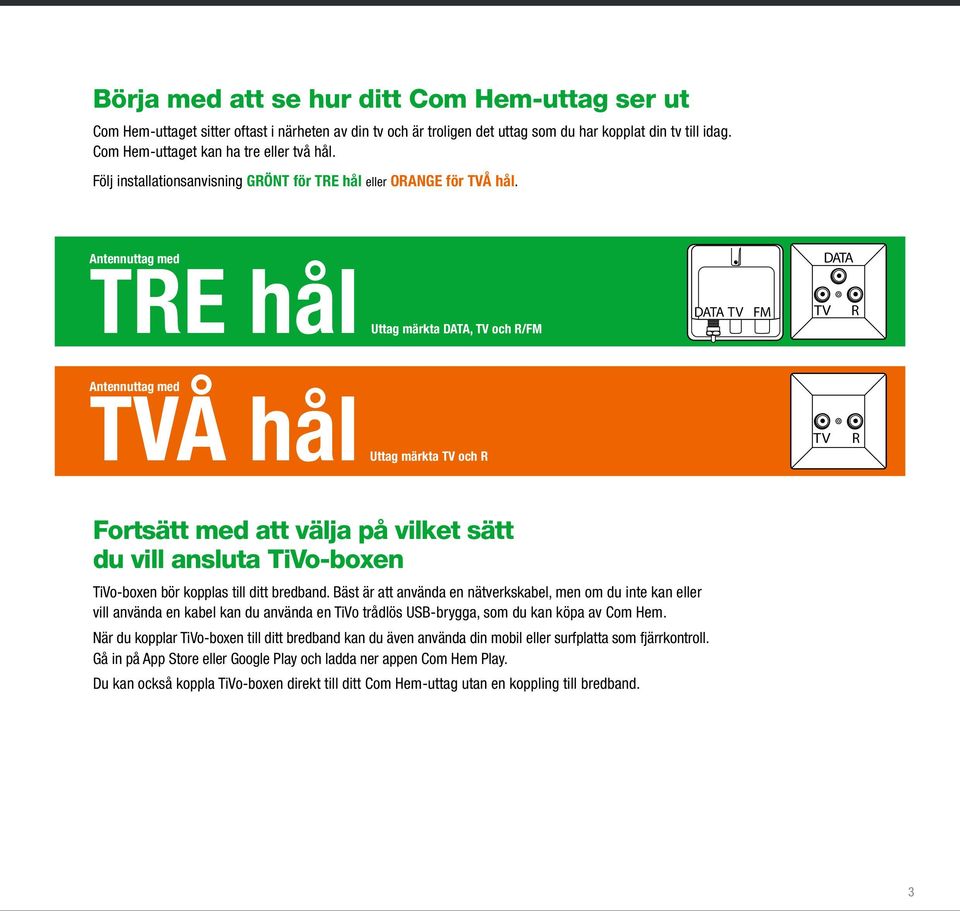 Antennuttag med DATA TE hål Uttag märkta DATA, och /FM DATA FM Antennuttag med Å hål Uttag märkta och Fortsätt med att välja på vilket sätt du vill ansluta TiVo-boxen TiVo-boxen bör kopplas till ditt