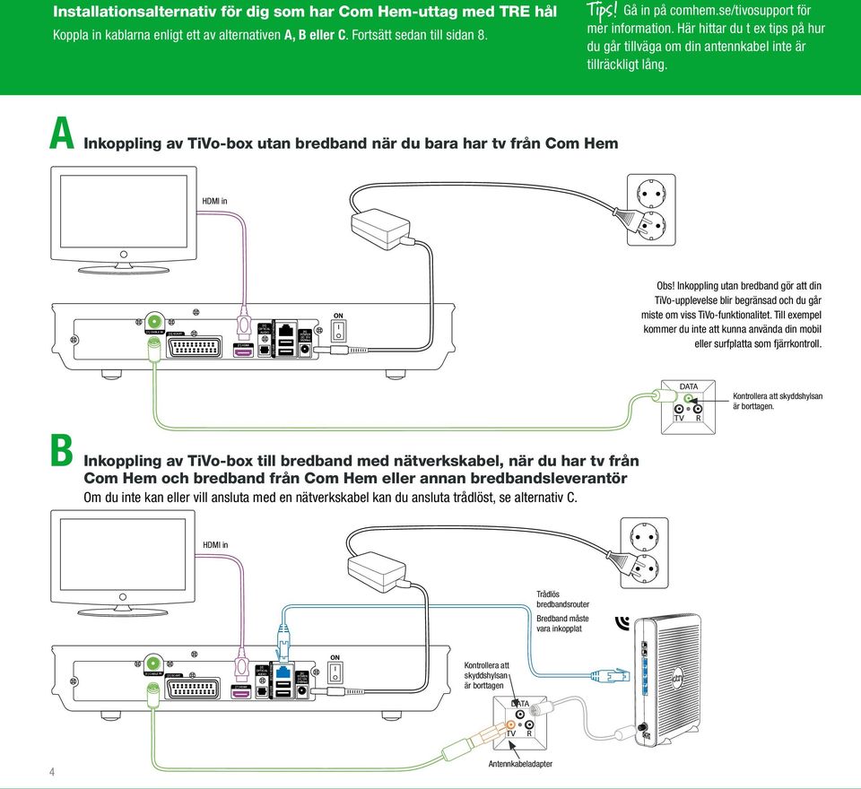 A Inkoppling av TiVo-box utan bredband när du bara har tv från Com Hem HDMI in [1] CABLE IN [3] SCAT [7] HDMI [2] OPTICAL AUDIO [6] USB [5] ETHENET [8] POWE DC 12V 3A(Max) Obs!