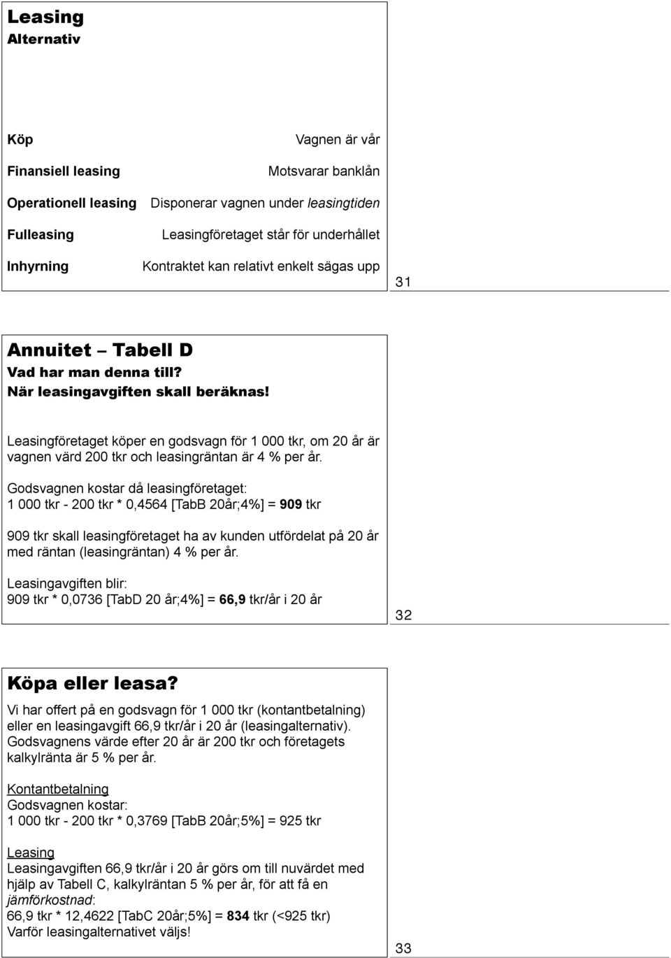 Leasingföretaget köper en godsvagn för 1 000 tkr, om 20 år är vagnen värd 200 tkr och leasingräntan är 4 % per år.