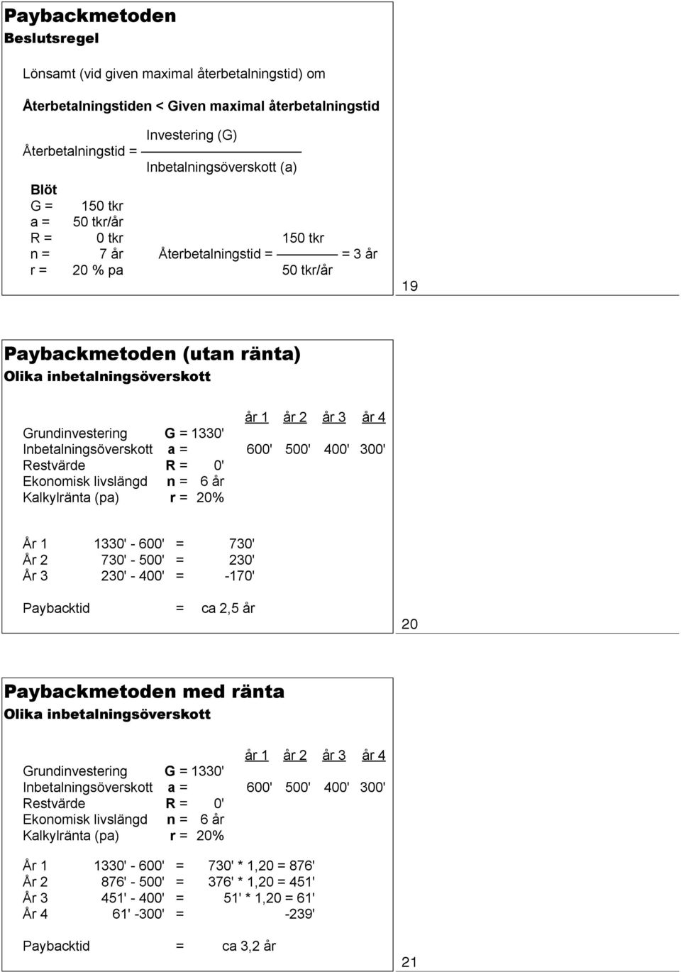 Inbetalningsöverskott a = 600' 500' 400' 300' Restvärde R = 0' Ekonomisk livslängd n = 6 år Kalkylränta (pa) r = 20% År 1 1330' - 600' = 730' År 2 730' - 500' = 230' År 3 230' - 400' = -170'