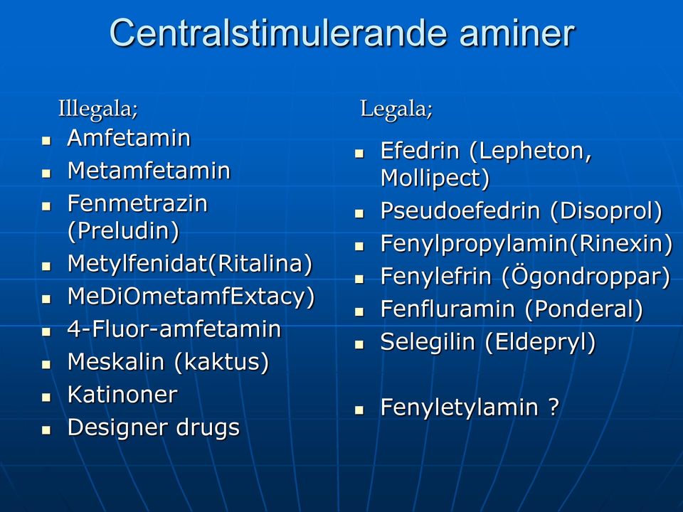 Designer drugs Legala; Efedrin (Lepheton, Mollipect) Pseudoefedrin (Disoprol)
