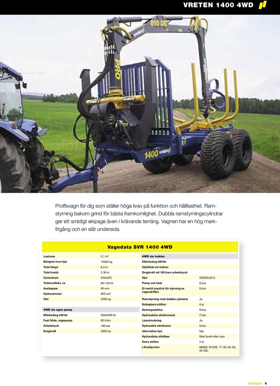 Vagndata SVR 1400 4WD Lastarea 3,1 m 2 Bärighet över hjul 15000 kg Total längd 6,0 m Total bredd 2,38 m Centralram 220x220 Traktoreffekt, ca 85-130 hk Axeltappar 90 mm Hydraulmotor 620 cm 3 3400 kg