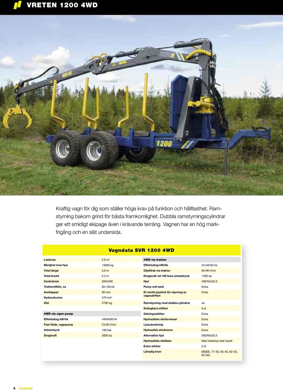 Vagndata SVR 1200 4WD Lastarea 2,6 m 2 Bärighet över hjul 13000 kg Total längd 5,8 m Total bredd 2,2 m Centralram 200x200 Traktoreffekt, ca 65-100 hk Axeltappar 80 mm Hydraulmotor 470 cm 3 2700 kg