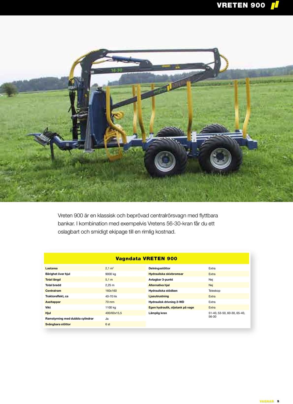 Vagndata VRETEN 900 Lastarea 2,1 m 2 Bärighet över hjul 9000 kg Total längd 5,1 m Total bredd 2,25 m Centralram 160x160 Traktoreffekt, ca 40-70 hk Axeltappar 70 mm 1100