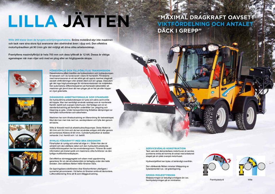 Framlyftens maximilyfthöjd är hela 700 mm och dess lyftkraft är 12 kn. Dessa är viktiga egenskaper när man röjer snö med en plog eller en högtippande skopa.