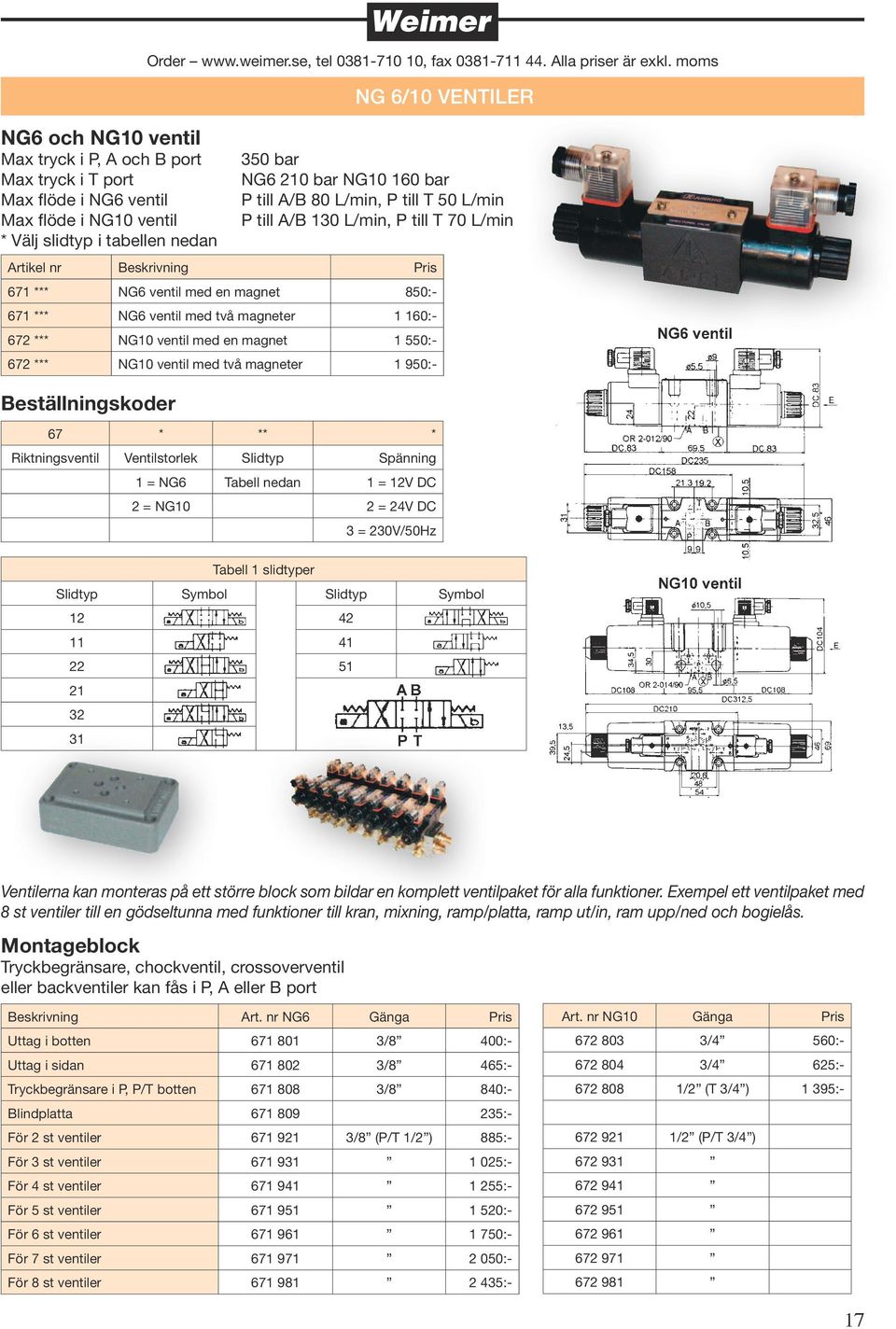 NG10 ventil med en magnet 1 550:- 672 *** NG10 ventil med två magneter 1 950:- Beställningskoder 67 * ** * Riktningsventil Ventilstorlek Slidtyp Spänning 1 = NG6 Tabell nedan 1 = 12V DC 2 = NG10 2 =