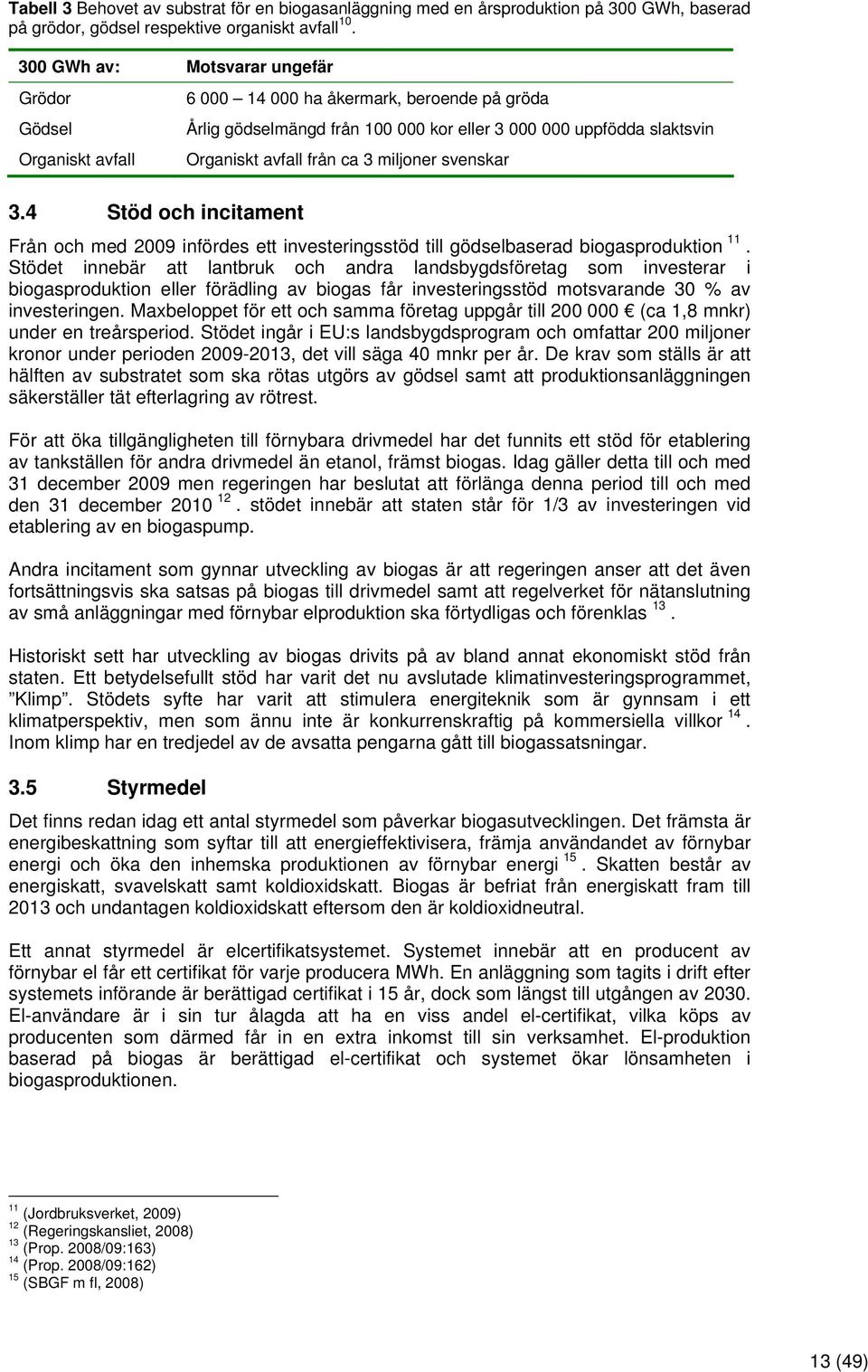 3 miljoner svenskar 3.4 Stöd och incitament Från och med 2009 infördes ett investeringsstöd till gödselbaserad biogasproduktion 11.