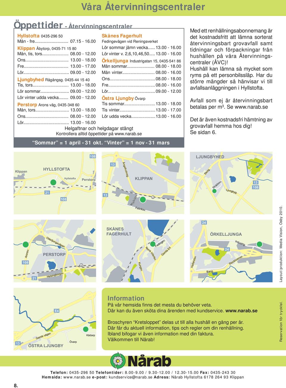 .. 08.00-12.00 Lör... 13.00-16.00 Helgaftnar och helgdagar stängt Kontrollera alltid öppettider på www.narab.se Skånes Fagerhult Fedingevägen vid Reningsverket Lör sommar jämn vecka... 13.00-16.00 Lör vinter v.