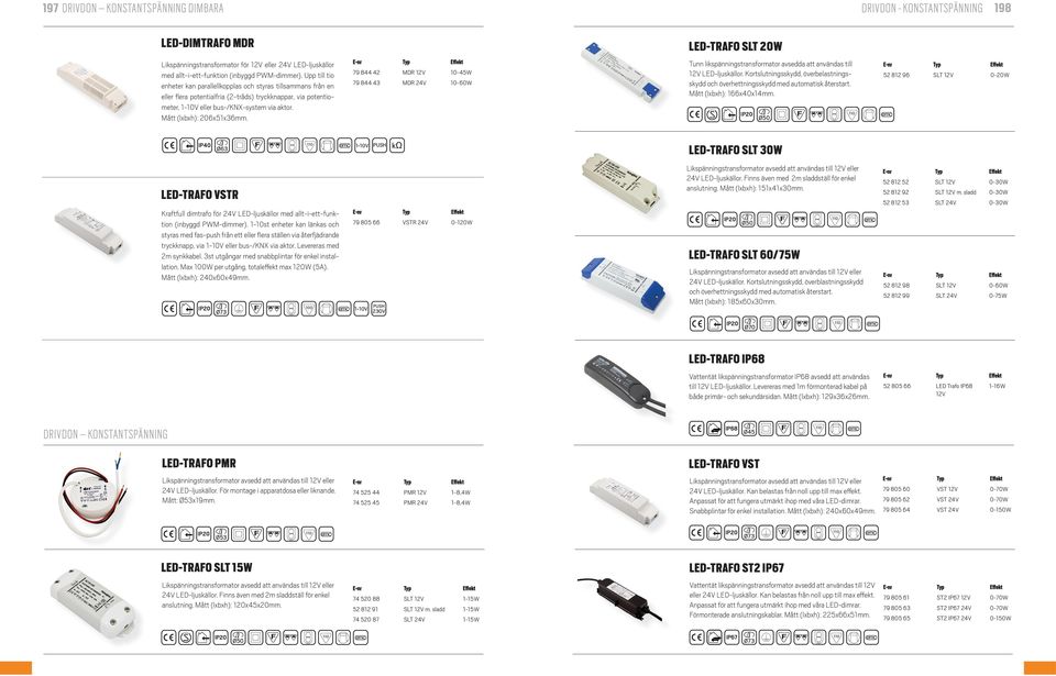Mått (lxbxh): 206x51x36mm. 79 844 42 MDR 12V 10-45W 79 844 43 MDR 24V 10-60W LED-TRAFO SLT 20W Tunn likspänningstransformator avsedda att användas till 12V LED-ljuskällor.