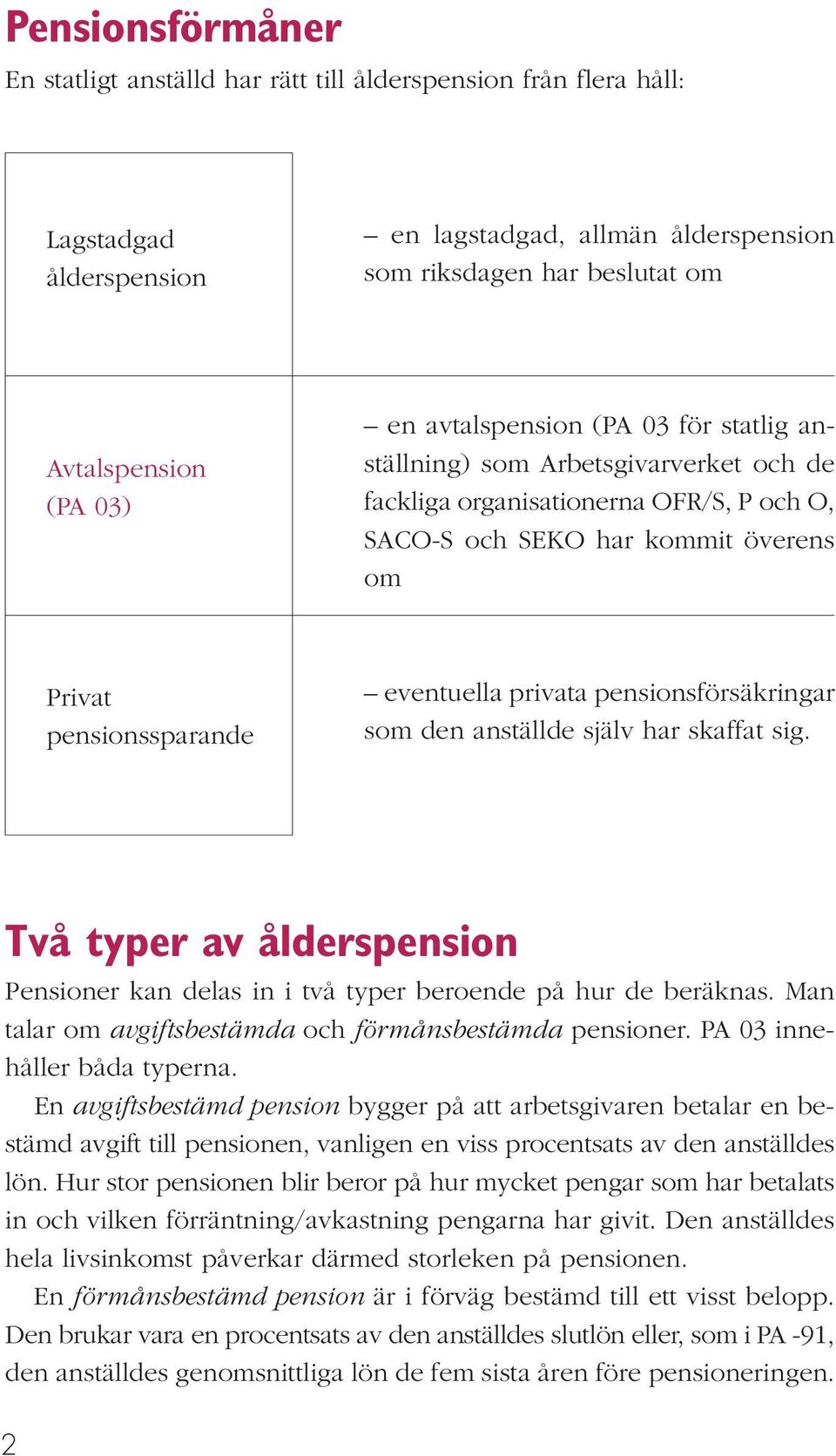 pensionsförsäkringar som den anställde själv har skaffat sig. Två typer av ålderspension Pensioner kan delas in i två typer beroende på hur de beräknas.