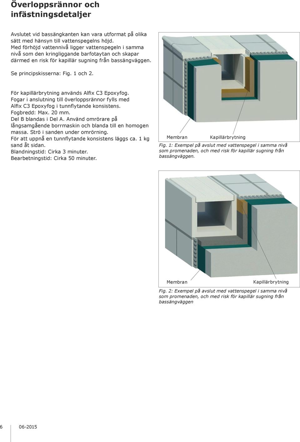 För kapillärbrytning används Alfix C3 Epoxyfog. Fogar i anslutning till överloppsrännor fylls med Alfix C3 Epoxyfog i tunnflytande konsistens. Fogbredd: Max. 20 mm. Del B blandas i Del A.